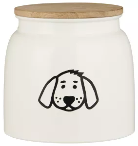 Pojemnik na karmę dla psa biały z motywem psa i drewnianą pokrywą 2 2 l Ib Laursen
