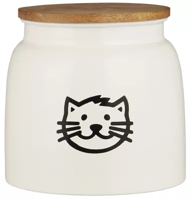 Pojemnik na karmę dla kota biały z motywem kota i drewnianą pokrywą Ib Laursen