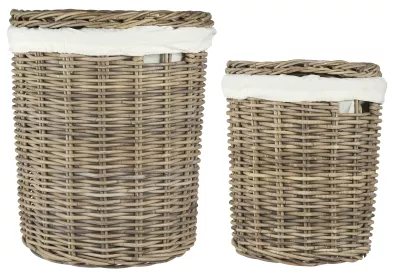 Kosz na pranie, zestaw 2 sztuk z pokrywką i wyściółką z tkaniny, rattan Ib Laursen