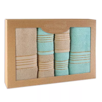 Ręcznik D Bawełna 100% Tiwano Cappuccino + Jasny Turkus (P) 2x30x50+2x50x90+2x70x140 kpl.