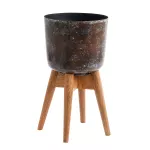 Metalowa donica osłonka brązowa na drewnianym stojaku 52 cm Nordal - 2