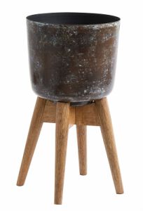 Metalowa donica osłonka brązowa na drewnianym stojaku 52 cm Nordal