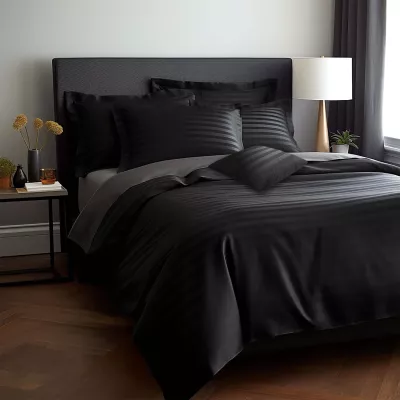 Pościel satyna bambusowo-bawełniana (P) STRIPE BLACK/220x200 +2x70x80 z listwą +4x40x40 BAMBOO