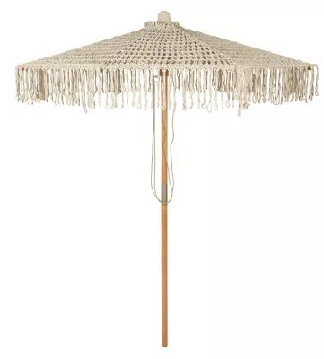 Parasol w naturalnych kolorach z haftem i frędzlami, drewniany maszt Ib Laursen