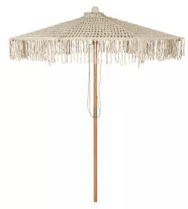 Parasol w naturalnych kolorach z haftem i frędzlami, drewniany maszt Ib Laursen
