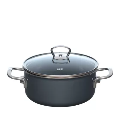 Niski garnek emaliowany Riess DARK GREY 2 l z pokrywą szklaną – do zup i duszenia