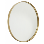 Eleganckie lustro okrągłe 80 cm z metalową złotą ramą, oparte o ścianę w industrialnym wnętrzu z drewnianym wykończeniem.