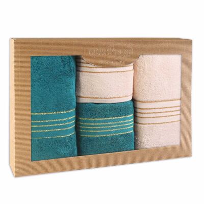 Ręcznik D Bawełna 100% Tiwano Krem + Ciemny Turkus (P) 2x50x90+2x70x140 kpl.