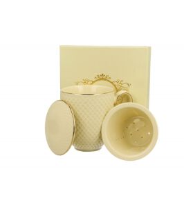 Kubek z zaparzaczem i pokrywką z porcelany DUO ECRU VESPER 420 ml