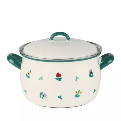 Garnek emaliowany 3,5 l Riess, kwiatowy wzór, zielone uchwyty w całej serii.