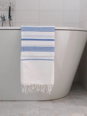 Ręcznik bawełniany hammam biały paski grecki niebieski 170x100 cm Ottomania
