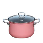 Wysoki różowy garnek emaliowany Riess Nouvelle PINK 20 cm z pokrywą szklaną – na zupy i gulasze.