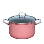 Wysoki różowy garnek emaliowany Riess Nouvelle PINK 20 cm z pokrywą szklaną – na zupy i gulasze.